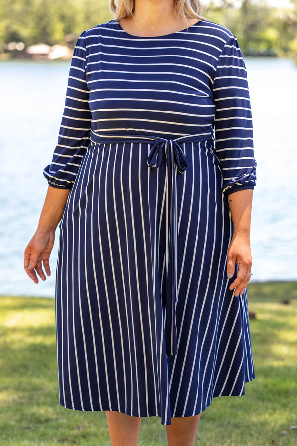 dresses, midi dress, navy, striped, three quarter sleeves