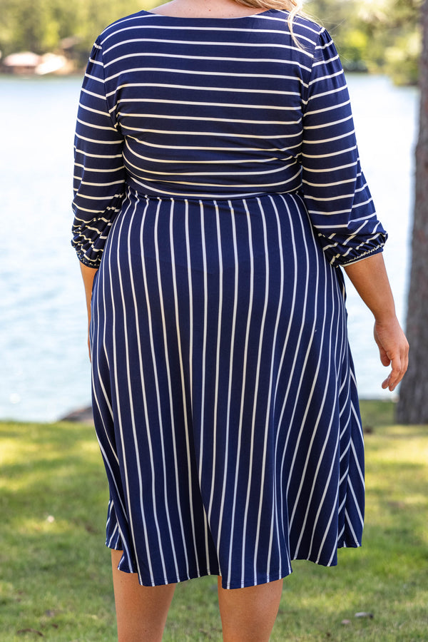 dresses, midi dress, navy, striped, three quarter sleeves