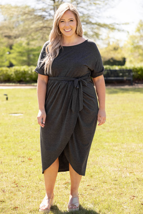 dress, charcoal, midi, gray, grey, solid, short sleeve