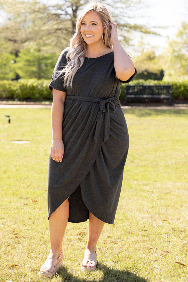 dress, charcoal, midi, gray, grey, solid, short sleeve