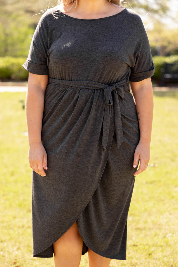 dress, charcoal, midi, gray, grey, solid, short sleeve