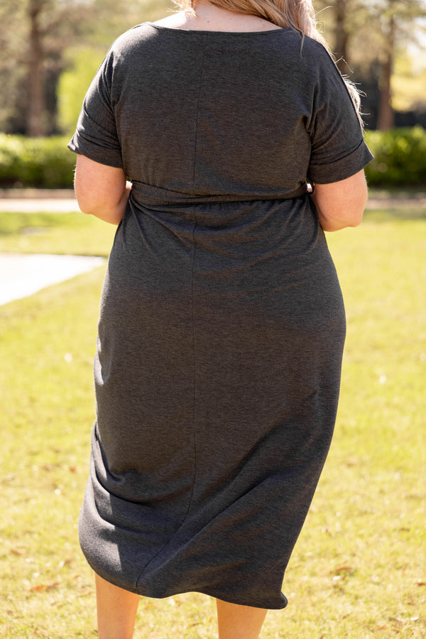 dress, charcoal, midi, gray, grey, solid, short sleeve