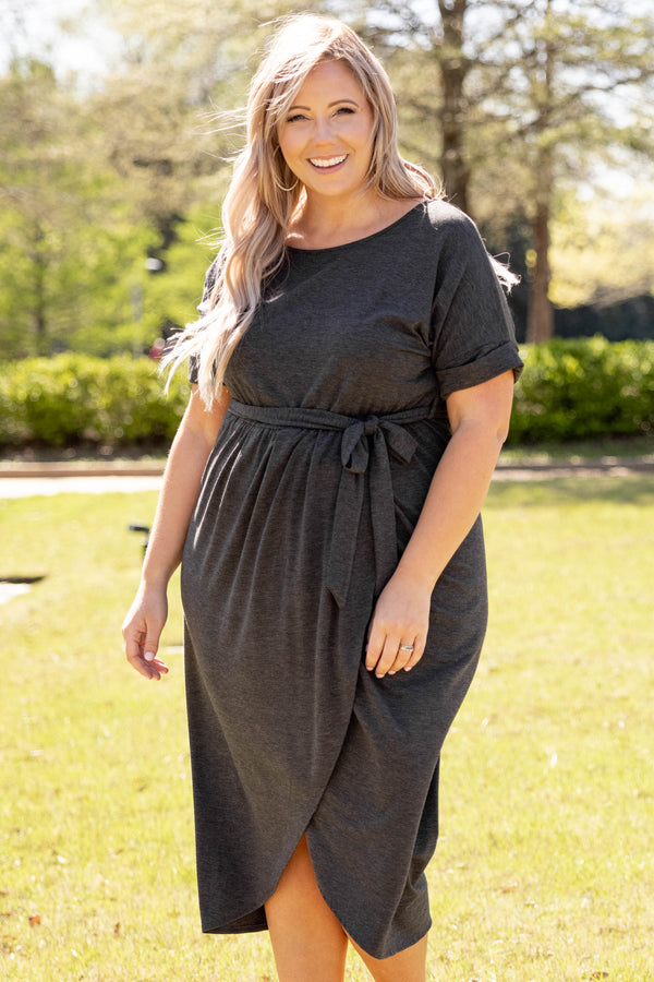 dress, charcoal, midi, gray, grey, solid, short sleeve