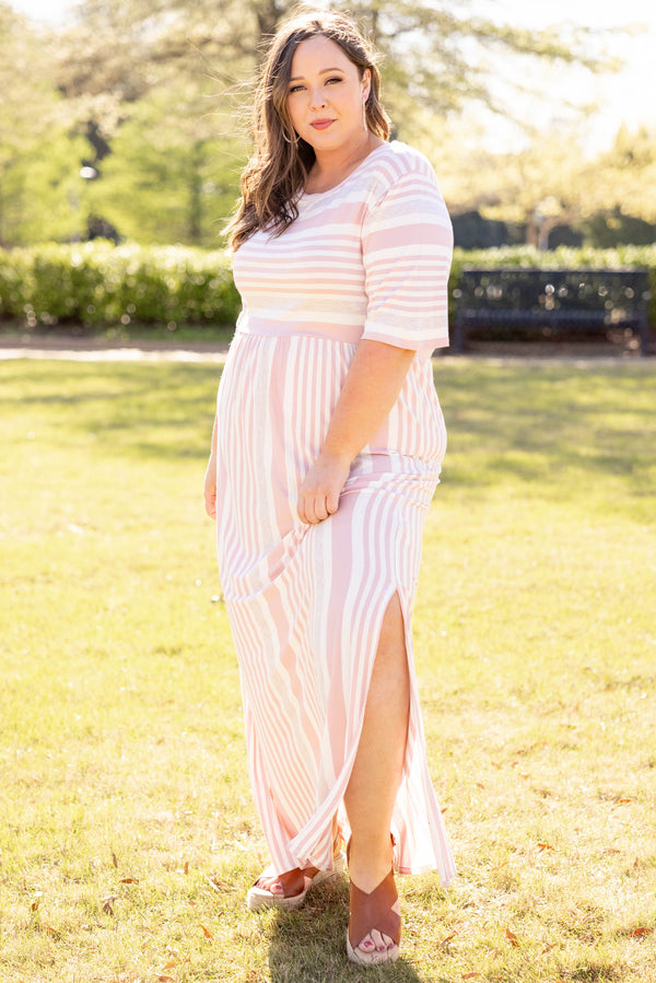 dress, pink, maxi, striped, short sleeve