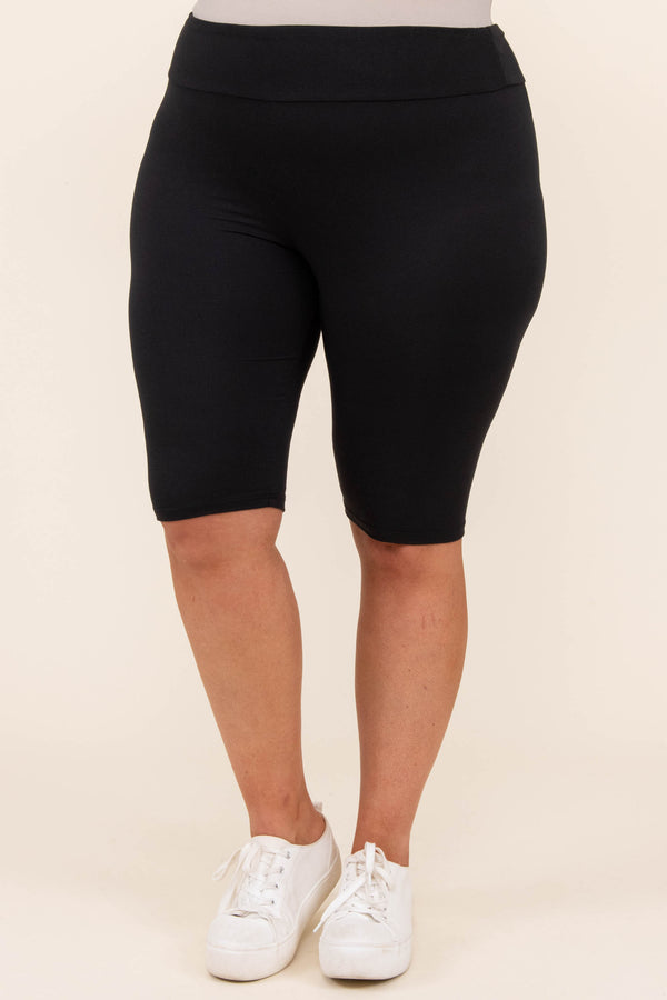 bottoms, shorts, biker shorts, black, solid, knee length, comfy