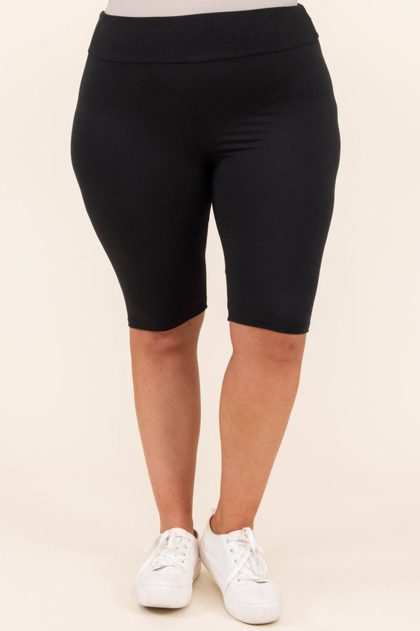 bottoms, shorts, biker shorts, black, solid, knee length, comfy