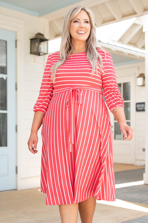 dress, maxi, coral, pink, midi, striped, three quarter sleeve