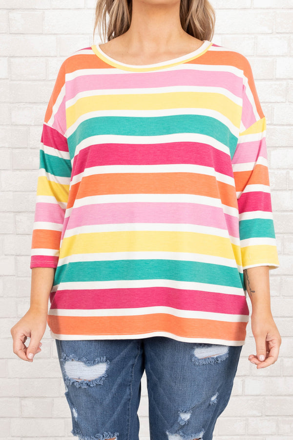 Chic Soul plus size clothing, multicolor striped top with quarter length sleeves