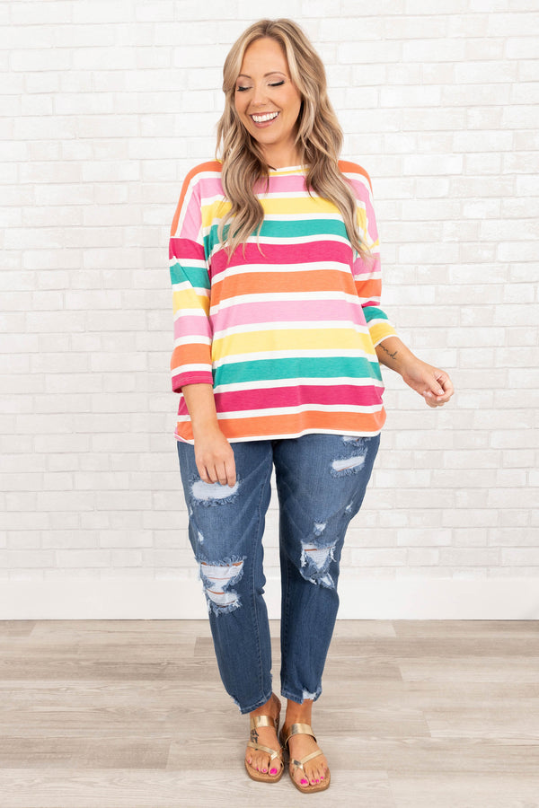 Chic Soul plus size clothing, multicolor striped top with quarter length sleeves