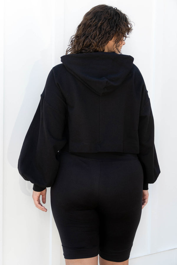 Chic Soul plus size clothing, black crop long bubble sleeve hoodie