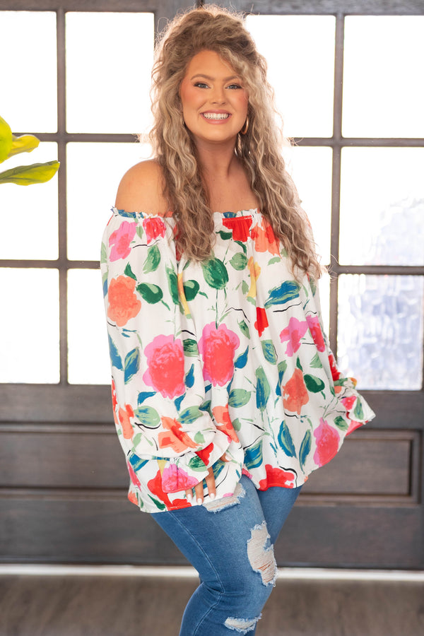 Chic Soul plus size clothing, white off the shoulder top with multicolor floral print