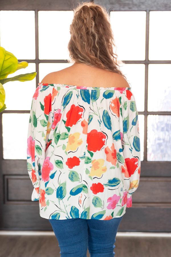 Chic Soul plus size clothing, white off the shoulder top with multicolor floral print