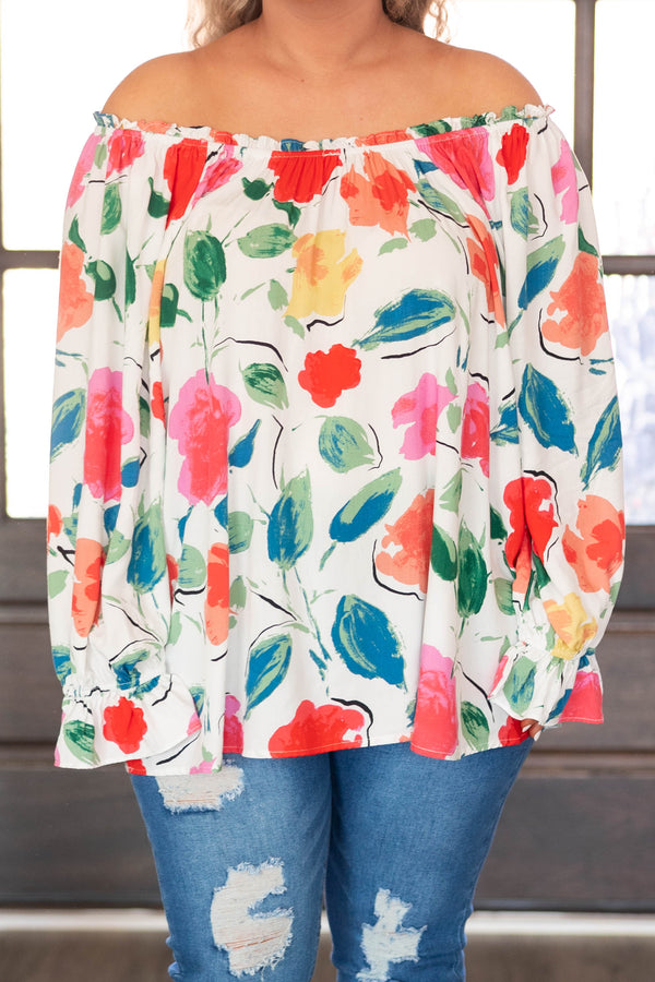 Chic Soul plus size clothing, white off the shoulder top with multicolor floral print