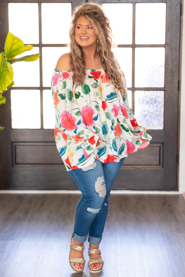 Chic Soul plus size clothing, white off the shoulder top with multicolor floral print