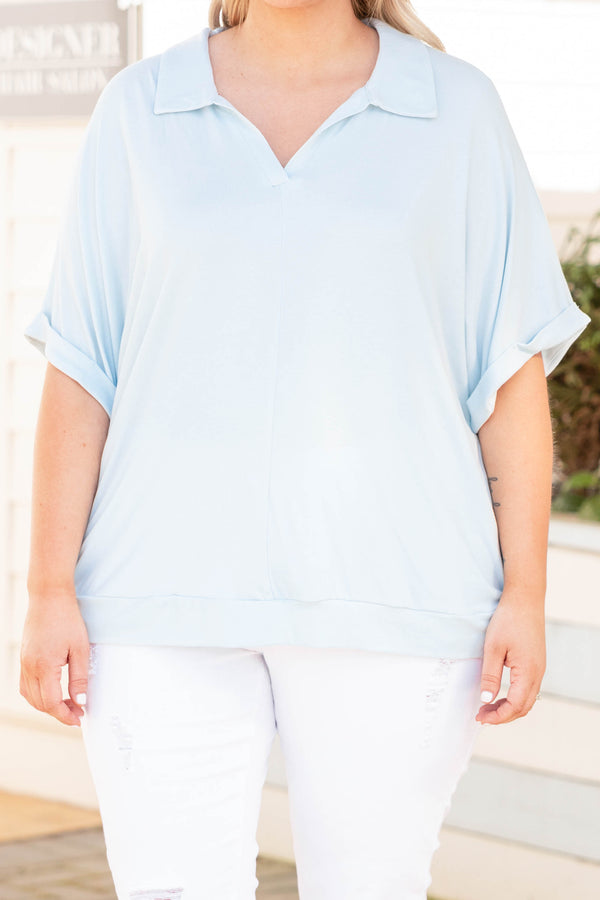 Chic Soul plus size clothing, light blue collar neck short cuffed sleeves shirt