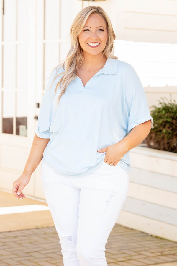 Chic Soul plus size clothing, light blue collar neck short cuffed sleeves shirt
