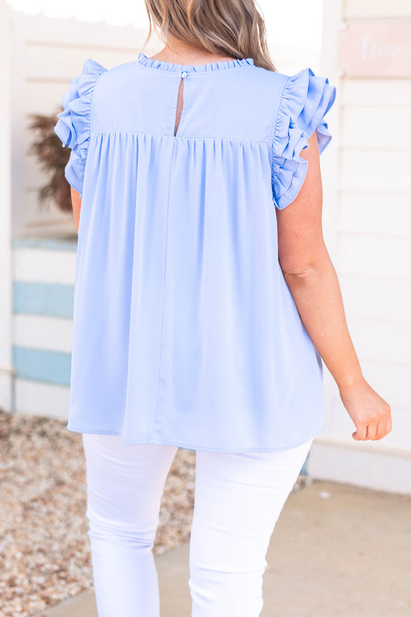 Chic Soul plus size clothing, light blue top with ruffle sleeves and criss cross neckline design