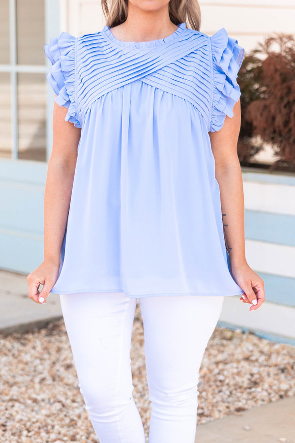 Chic Soul plus size clothing, light blue top with ruffle sleeves and criss cross neckline design