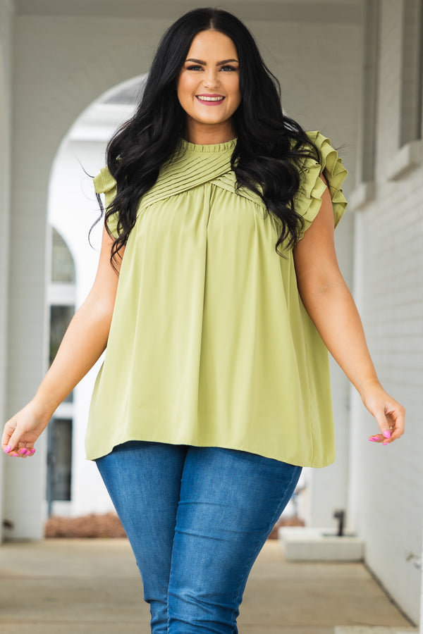 Chic Soul plus size clothing, pistachio flow top with criss cross design on neckline and ruffle sleeves