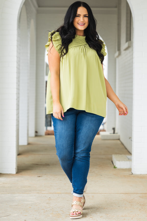 Chic Soul plus size clothing, pistachio flow top with criss cross design on neckline and ruffle sleeves