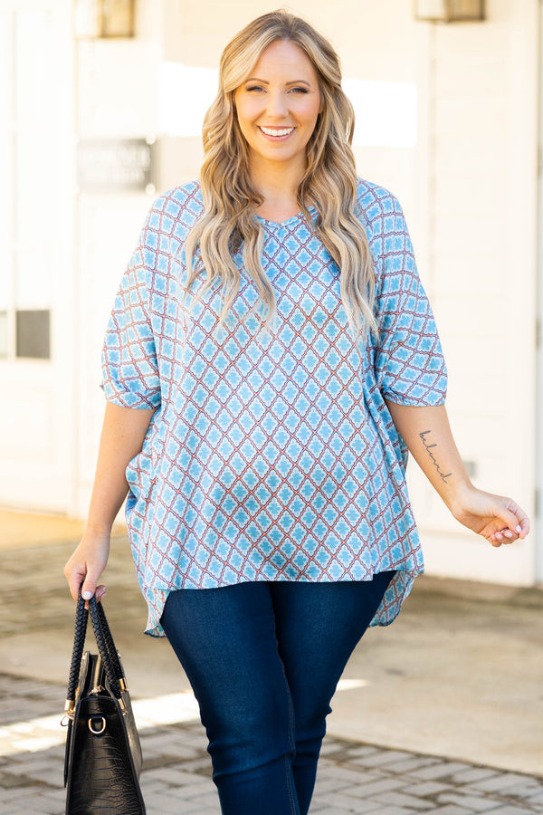 Chic Soul plus size clothing, blue geometric pattern flowy top