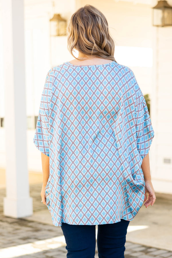 Chic Soul plus size clothing, blue geometric pattern flowy top