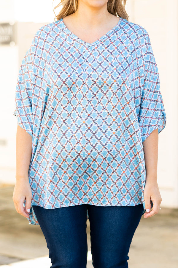 Chic Soul plus size clothing, blue geometric pattern flowy top