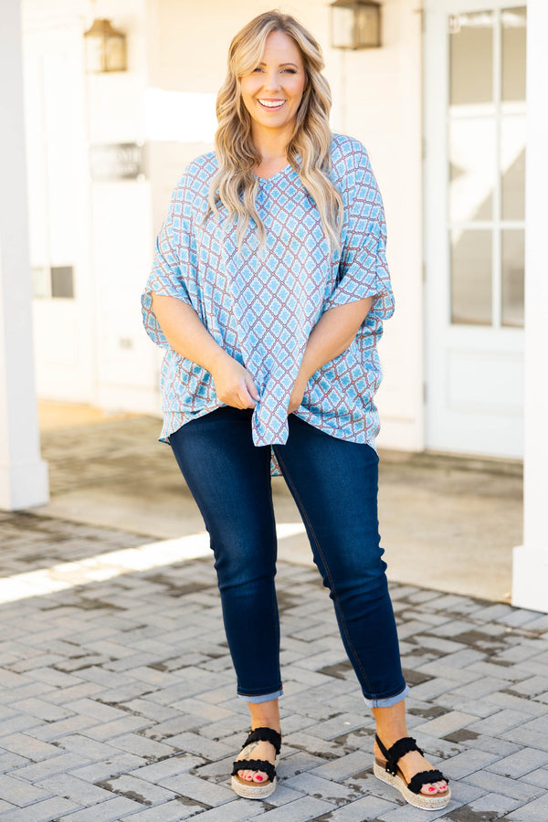 Chic Soul plus size clothing, blue geometric pattern flowy top
