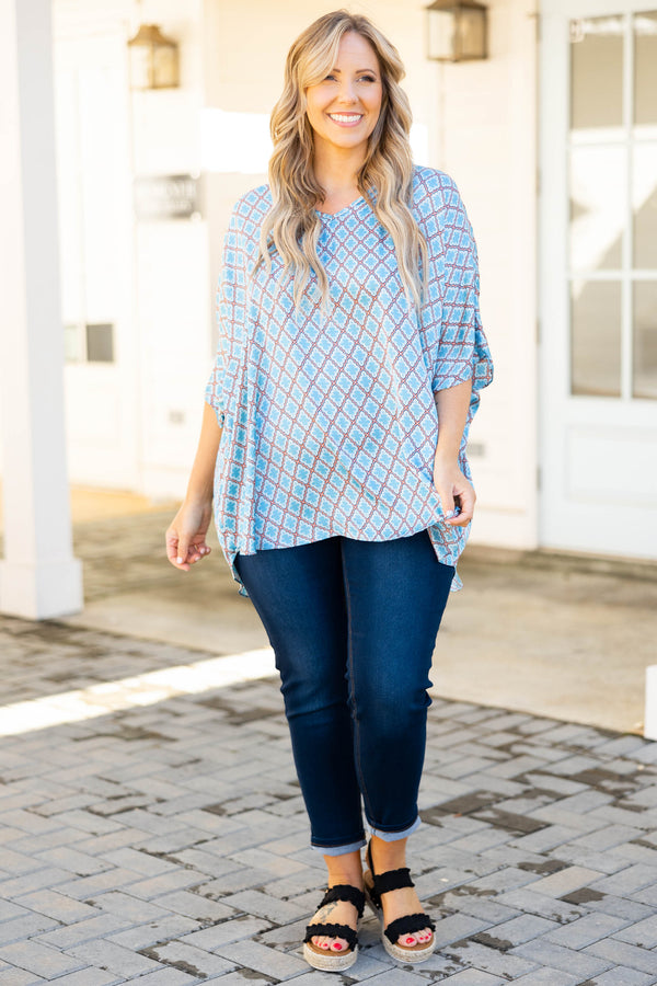 Chic Soul plus size clothing, blue geometric pattern flowy top
