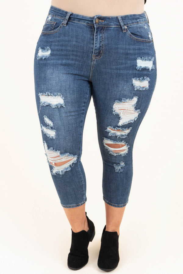 Chic Soul plus size clothing, dark wash distressed capris