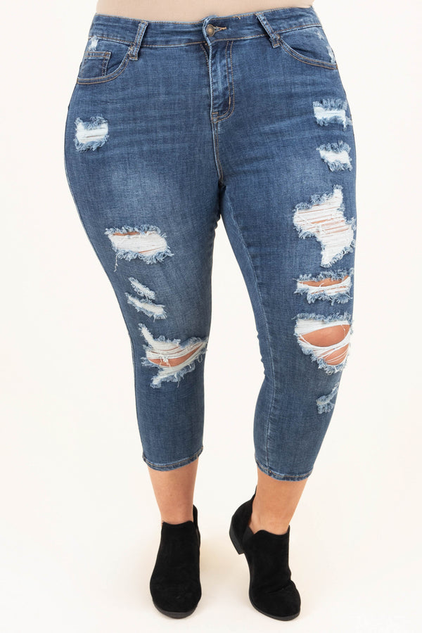 Chic Soul plus size clothing, dark wash distressed capris