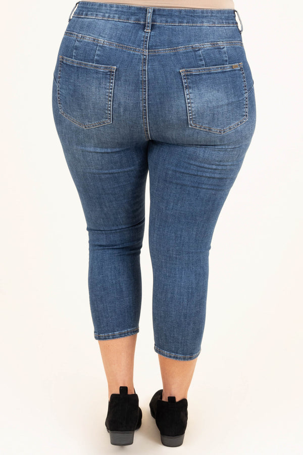 Chic Soul plus size clothing, dark wash distressed capris