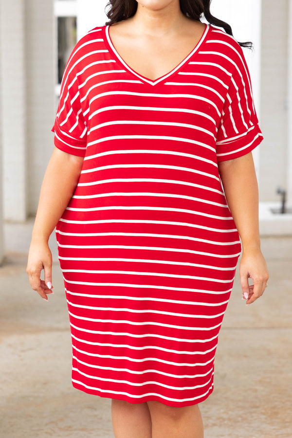 Chic Soul plus size clothing, ruby red and white stripped short sleeve casual dress