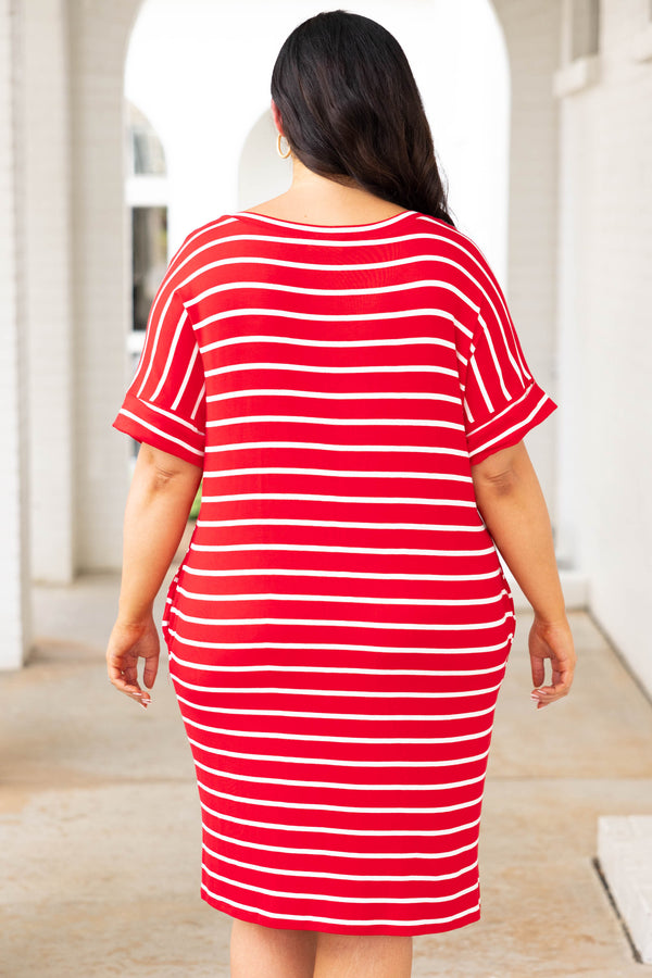 Chic Soul plus size clothing, ruby red and white stripped short sleeve casual dress