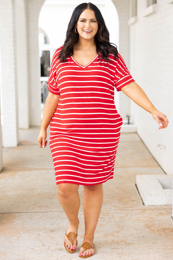 Chic Soul plus size clothing, ruby red and white stripped short sleeve casual dress