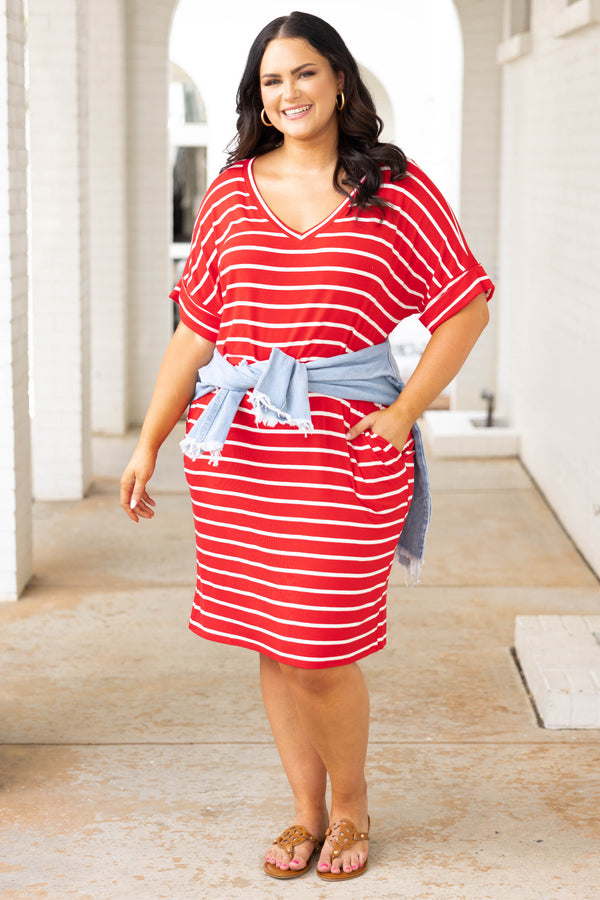 Chic Soul plus size clothing, ruby red and white stripped short sleeve casual dress
