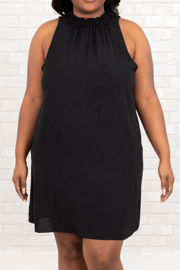 Chic Soul plus size clothing, black halter dress with keyhole clasp and pockets