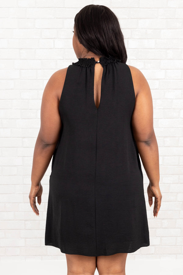 Chic Soul plus size clothing, black halter dress with keyhole clasp and pockets