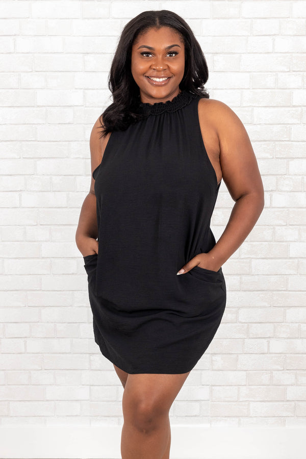 Chic Soul plus size clothing, black halter dress with keyhole clasp and pockets
