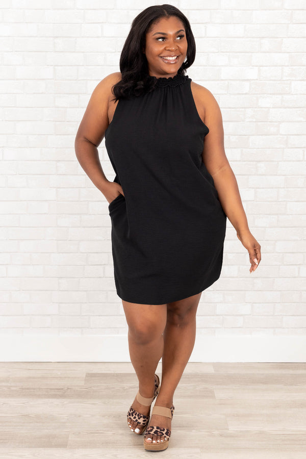 Chic Soul plus size clothing, black halter dress with keyhole clasp and pockets