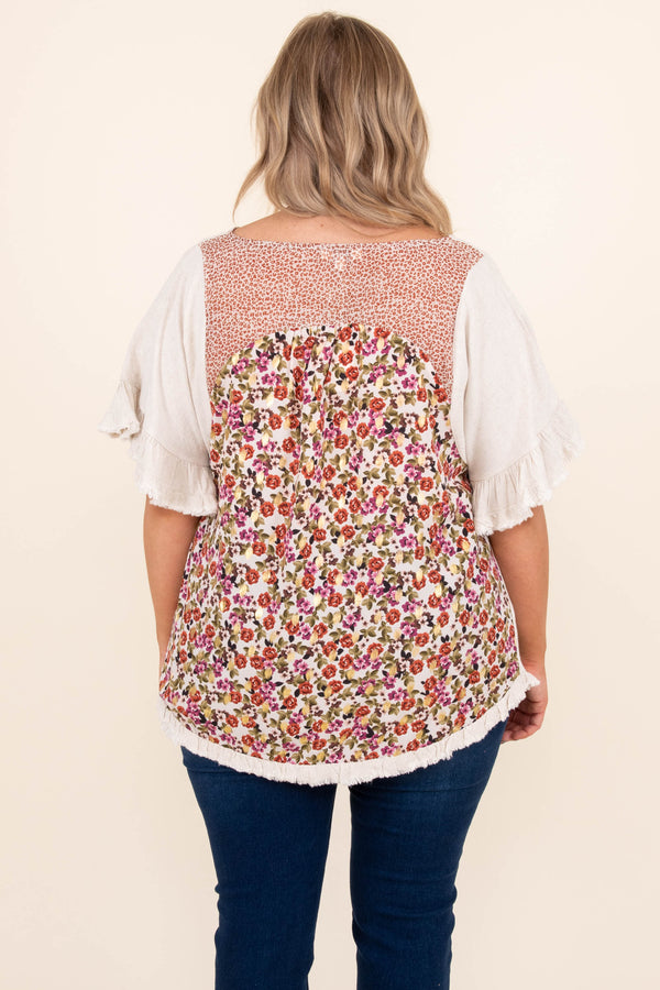 Chic Soul plus size clothing, oatmeal short ruffle sleeve top with floral design on back and distressed hems