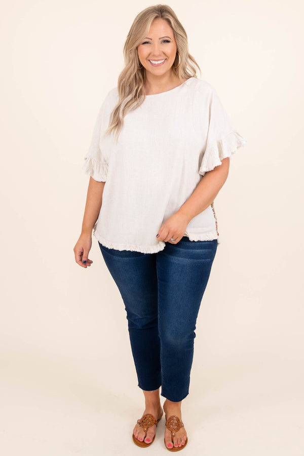 Chic Soul plus size clothing, oatmeal short ruffle sleeve top with floral design on back and distressed hems