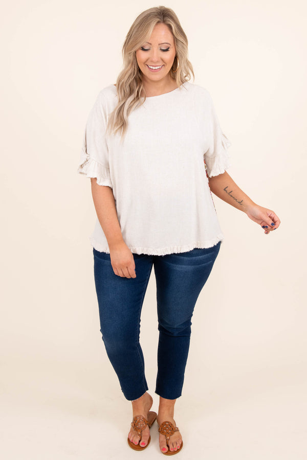 Chic Soul plus size clothing, oatmeal short ruffle sleeve top with floral design on back and distressed hems