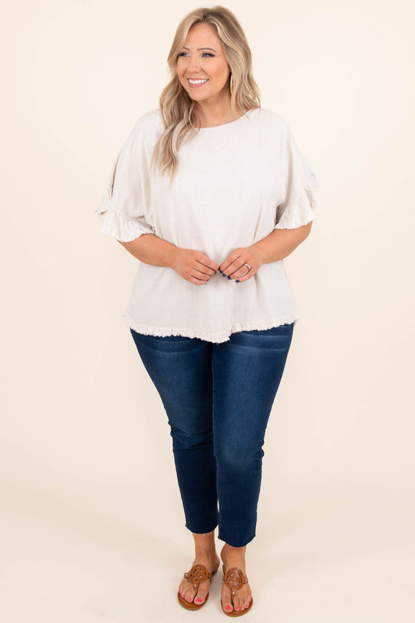 Chic Soul plus size clothing, oatmeal short ruffle sleeve top with floral design on back and distressed hems
