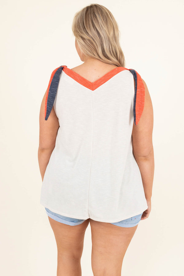 Chic Soul plus size clothing, oatmeal with red white navy chevron detailing at neck tank tie sleeve tank top