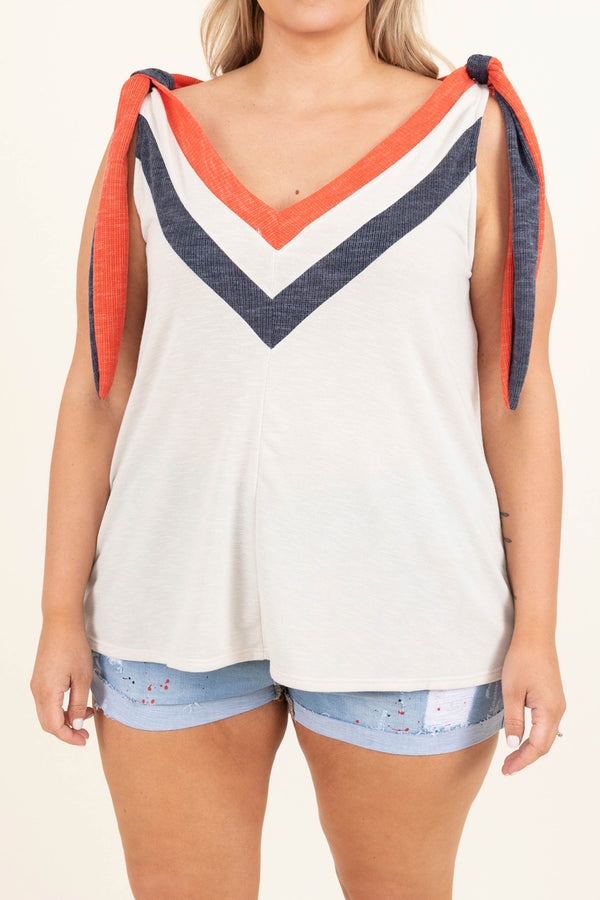 Chic Soul plus size clothing, oatmeal with red white navy chevron detailing at neck tank tie sleeve tank top