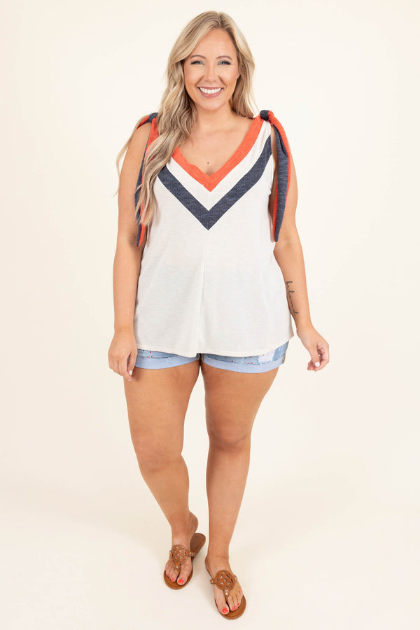 Chic Soul plus size clothing, oatmeal with red white navy chevron detailing at neck tank tie sleeve tank top