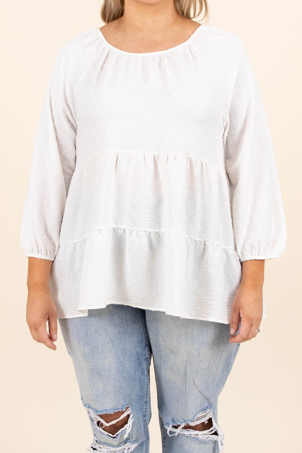 Chic Soul plus size clothing, ivory white scoop neck 3/4 length bubble sleeve babydoll top