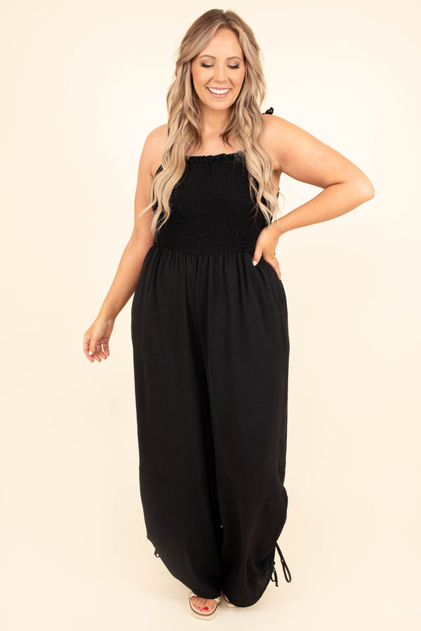 Chic Soul plus size clothing, black smocked bodice jumpsuit