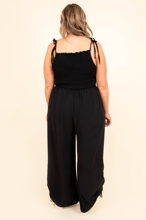 Chic Soul plus size clothing, black smocked bodice jumpsuit